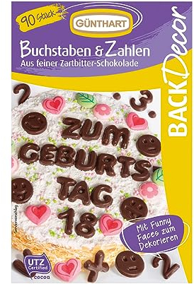 Günthart BackDecor 90 Stück Schokoladen Buchstaben, Alphabet und Zahlen aus feiner Zartbitter Schokolade, essbare Zahlen essbare Buchstaben für Torten und CupCakes, 1er Pack (47 g)