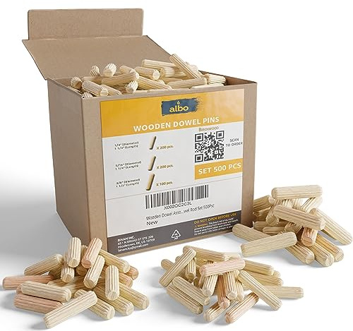 ALBO Wooden Dowel Pins 500 Pack Assorted Sizes 1/4 + 5/16 + 3/8 inch Fluted Wood Dowels Rods Hardwood Crafts Dowel Pegs
