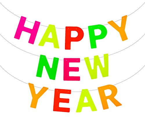 Oblique Unique® Happy New Year Girlande Banner Hängedeko für Silvester Neujahr Party Feier Deko Silvesterdeko Neon Pink Gelb Grün Orange