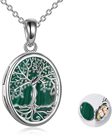 YAFEINI Tree of Life Locket Necklace Sterling Silver Malachite Family Tree of Life Locket Necklace that Holds Pictures for Women Jewelry