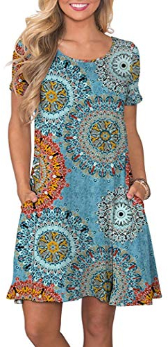 AUSELILY Damen Kleider Sommer Kurzarm Shirtkleider Kurz Sommerkleider Leicht Freizeitkleid mit Taschen Grün Drucken M