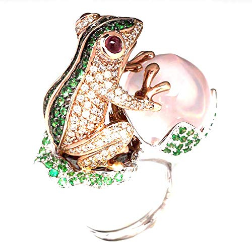 Anello a forma di rana in cristallo verde con pietre di imitazione rotonde, con simpatici animali e strass, per donne e ragazze, oro rosa e oro bianco bicolore e zinco, 9,5