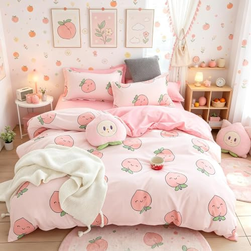 Loussiesd Cartoon Peach Comforter Cover for Kids Boys Girls Tropical Fruit Bedding Set Cute Nature Theme Bedding Collection Quilt Cover Bedroom Decor 3Pcs King Size Microfiber Zipper