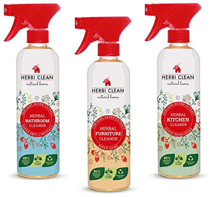 Herbi Clean ein Set mit 3 Haushaltsreinigungsmittel Pflanzlicher: Badreiniger, Küchenreiniger, Möbelreiniger mit Eichelextrakts Natürlicher 500ml