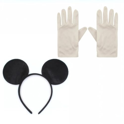 FNA Fashions Black Headband with Mouse Ears and White Gloves for Adults and Children