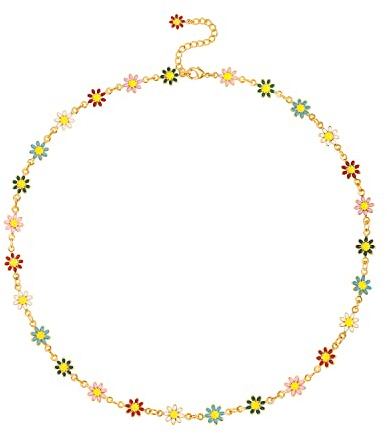 Cute Daisy Flower Necklace 18K Gold Chain Choker Bohemian Enamel Sunflower Neck Jewelry for Women Girls 16”