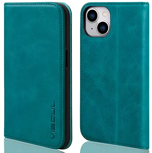 VISOUL Hülle für iPhone 14, Schutzhülle Erstklassiges Rindsleder Schützt vor Stoß Kartenfach Magnetverschluss Stand RFID TPU Etui Case SeeBlau