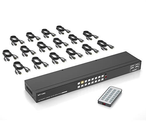 MT-VIKI 16 Port KVM Switch 4K@30Hz Rack Mount KVM Switch w/IR Remote & 16 HDMI Cables & USB Cables