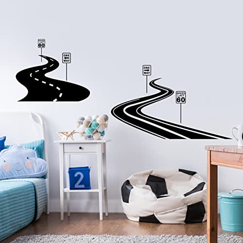 SUPERDANT Zwei Straßen Wandaufkleber Schwarz 60 Geschwindigkeitsbegrenzung Kurvenreiche Straße Wanddekoration Selbstklebende Wandkunst Abnehmbare PVC Dekore Für Kinderzimmer Schlafzimmer Wohnzimmer