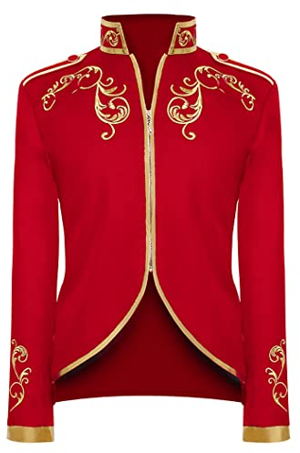 FYMNSI Herren Prinz Kost?m Blazer Gothic Steampunk Frack Mantel M?nner Smoking Festlich Anzug Mittelalter Viktorianischen Retro Jacke Uniform Karneval Fasching Halloween Party Cosplay Rot L