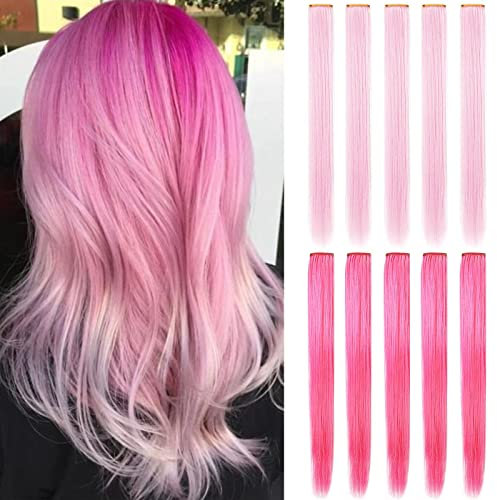 10PCS Haarverlängerungen Perückenstücke Clip in farbigen Haarverlängerungen Bunte Haarstücke Party Highlights Mehrere Farben(Hellrosa und leuchtendes Rosa)