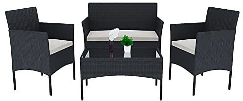 Arreditaly Set Di Mobili da Giardino Salotto Salottino in Rattan 4 Posti con Tavolino E Ripiano In Vetro 2 Poltrone e Divano 2 Posti Per Giardino Esterno Piscina Cuscini Sfoderabili (Black)
