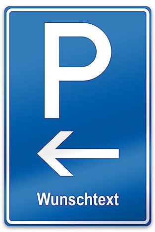 PrintPlanet® Parkschild mit eigenem Text personalisieren - Alu-Dibond 3 mm Weiß - Verschiedene Größen - Parkplatz (P) mit Pfeil (Links) + 1 Textzeile