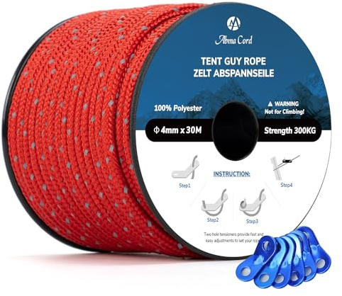 Abma Cord Abspannseile Zeltschnur mit 6 Stück Seilspanner 4mm 30M Zeltseil für Camping, Zelte, Sonnensegel, Vorzelt - Reflektierende Rot