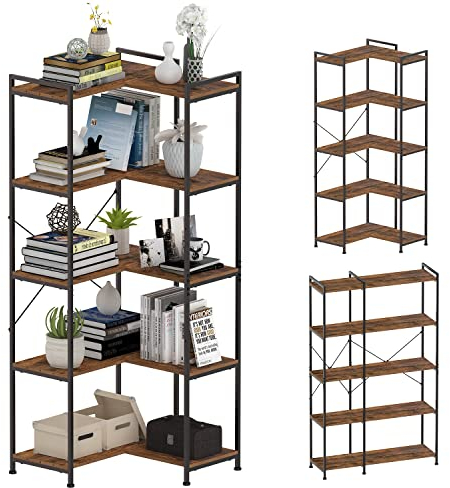 VEDECASA 5 Tiers Corner Bookshelf 5 Tiers Deformable Corner Bookcases Industrial Freestanding Bookshelf Storage Display Rack with Metal Frame for Living Room Home Bedroom Home Office Study Room
