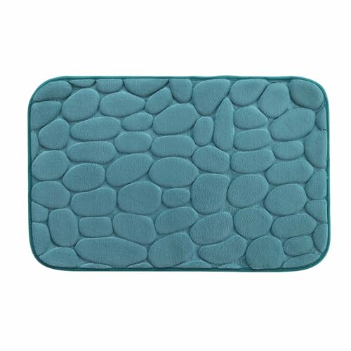 Dynamic24 3D Kieselstein Badematte Badteppich Duschvorleger saugfähiger Badvorleger Badezimmerteppich Duschmatte Deko rutschfeste Fußmatte Matte für Badezimmer Steine (Petrol)