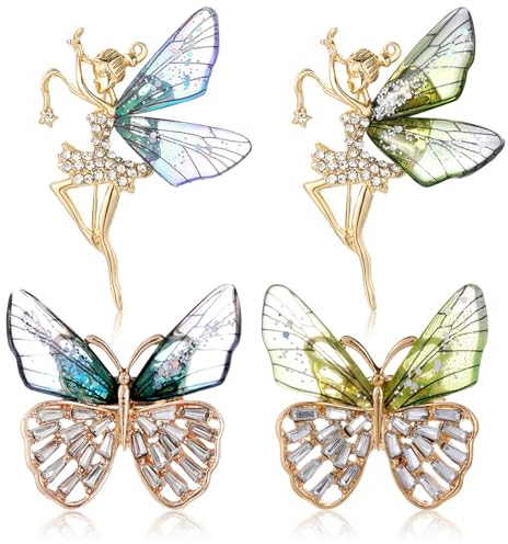 Brosche für Damen,RoadLoo 4 Stück Schmetterling Fee Brosche Schmetterling Brosche Emaille Schmetterlinge Broschen Legierung Schmetterling Stil Pin Kristall Brosche Schmuck für Party Hochzeit Jahrestag