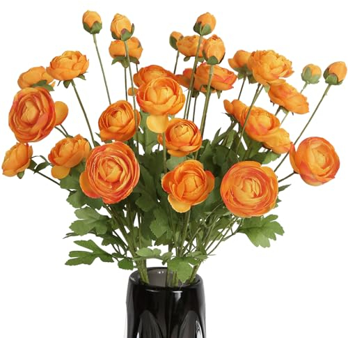 ICBOX Künstliche Ranunkeln mit langem Stiel, 8 Stück, 32 Köpfe, orangefarbene Ranunkel, Seidenblumen, persische Butterblumen, künstliche Blumen für Blumenarrangement, Hochzeit, Tischdekoration,