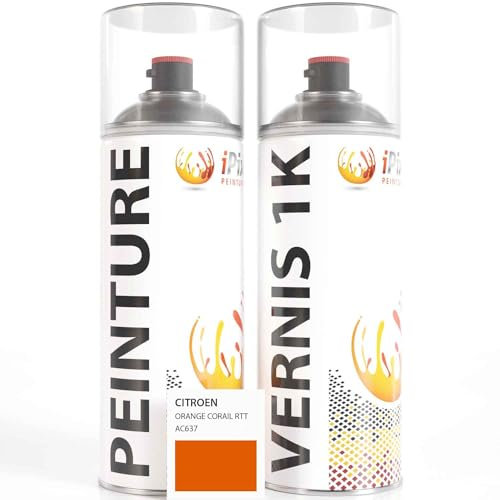 ipixline Kit Retouche Peinture Carrosserie Voiture - Bombe Aérosol Peinture Auto 400 ml, Vernis Brillant 1k 400 ml - Compatible avec Citroen - Orange Corail Rtt AC637