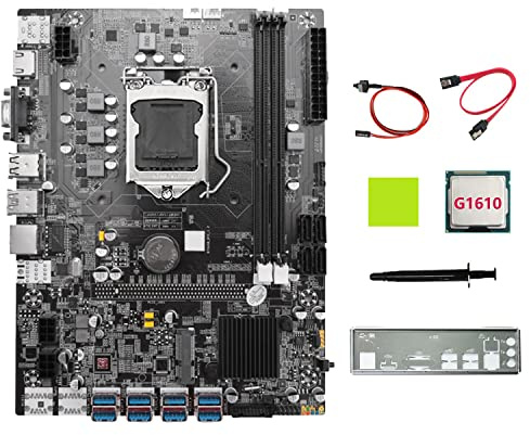 Lisher - Tarjeta base B75 (12 GPU BTC Mining, CPU G1610 + cable + soporte de grasa térmica 2 x DDR3 RAM para placa base B75, 12 USB Miner
