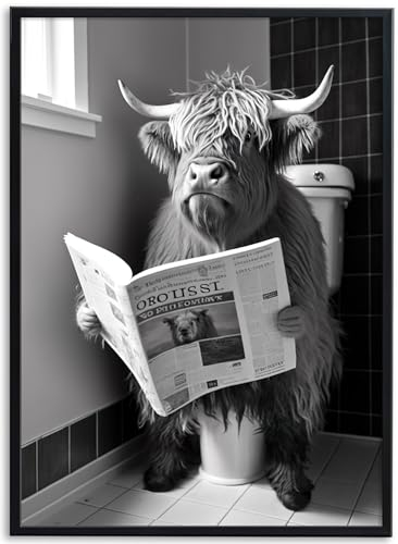 JINZUNRUI JZR-Animal Badezimmer Deko Bilder, Schwarz-weiß Bad Poster A4 Wandbilder, Hochlandrind auf WC Toilette Wand Deko, Lustige Leinwand Badezimmer Bilder- Ohne Rahmen