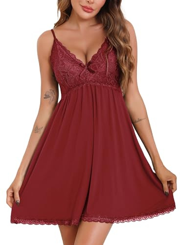 Sopesil Nighties for Women Sexy Ladies Nightdress Negligees Lace Chemises Nightgown V Neck Spaghetti Straps Sleepwear Nightwear UK with Thong, Red, M