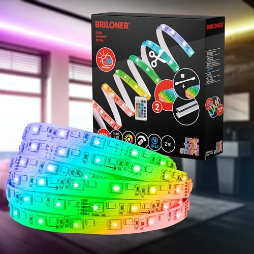 BRILONER – LED Stripe Starter Set 2m LED Strip, IP44 Spritzwasserschutz, Fernbedienung, 3m Zuleitung, buntes RGBW, Kürzbar, Outdoor, Streifen, Lichtleiste, Terrasse Deko