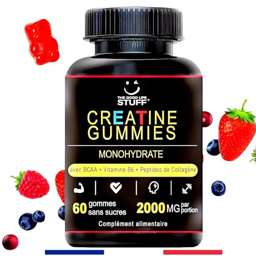 Creatine Monohydrate Gummies 3g/Collagene Marin/Musculation Pre Workout BCAA/Vitamine B6/Sport/Fitness/Vegan/Sans Gluten/Sans OGM/Sans Sucre/Gout Naturel Fraise/Femme/Homme/60 Bonbon Créatine/20 jours