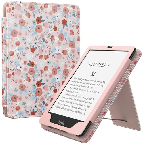 MoKo Étui Compatible avec 7/6,8 Pouces Kindle Paperwhite(12e Gén. 2024/11e Gén. 2021), Coque de Protection avec Dragonne, Auto Réveil/Veille pour Kindle Paperwhite Édition Signature,Rose de printemps