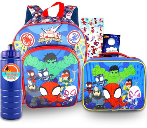Spidey and His Amazing Friends Mochila con lonchera – Paquete con mochila Spidey de 16 pulgadas, lonchera Spidey and Friends, botella de agua, calcomanías, más | Mochila Spidey and Friends para niños,