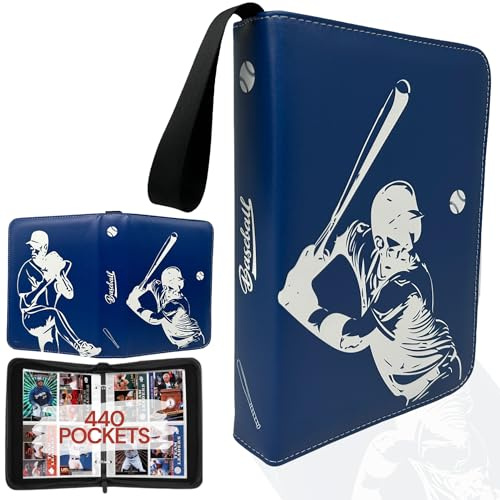 Baseball Card Binder 50 Sleeves 400 Pocket Holder. Sports Trading Cards Binder Album. 3 Ring Binder Card Holder. Compatible with Topps Cards. (Blue)