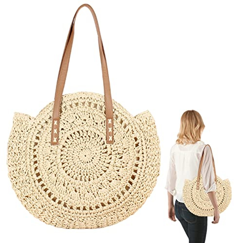 Kalastussaari Sacs à main de paille, sacs de paille de maïs ronds à la main, sac à bandoulière de plage d'été beige pour femmes