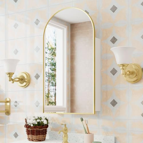 Mepplzian Gold Bathroom Cabinets with Mirror,Large Curved Arch Bathroom Mirror Cabinet,Mirrored Bath room Cabinets Wall Mounted,Bath room Mirror with Storage 50x90 cm