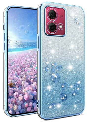 YUEQIAN Glitter Case for Motorola Moto G84 5G, Ultra Thin Transparent Soft Silicone TPU Bumper Shockproof Cover, Elegant Bling Diamond Flowers Women Girls Case. Blue