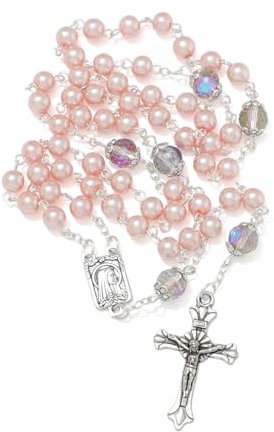 KMIMO 6 MM perles roses chapelet avec crucifix et médaille Notre-Dame de Lourdes, perles cristallisées collier chapelet catholique pour femme avec sac en velours