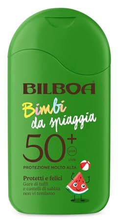 Bilboa, Bimbi da Spiaggia, Latte Solare SPF 50+ per Bambini 3+ anni, con Anguria, Rapido Assorbimento e Facile Applicazione, Resistente all’Acqua, 200 ml