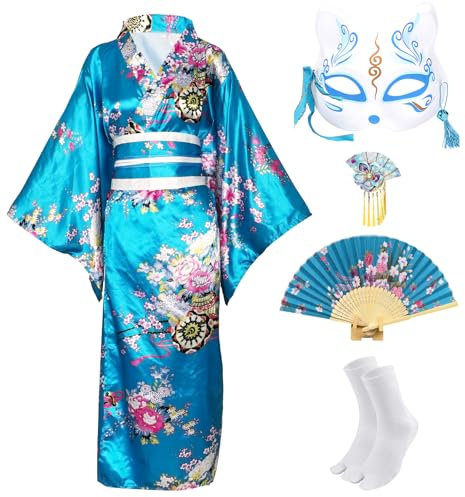 CRFASIBE 5Pièces Kimono Traditionnel Japonais Femme Robe Jeune Dame Yukata Imprimé Floral Robe Peignoir Japonaise Costume Cosplay Set(Bleu)