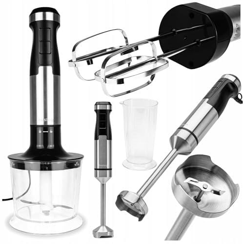 Huslog Frullatore a Immersione 1500W, Set Multifunzione con Pürierstab, Tritatutto 500ml, Frusta, Bicchiere 700ml, Regolazione Velocità, Turbo, Ice Crush, Acciaio Inox, Nero