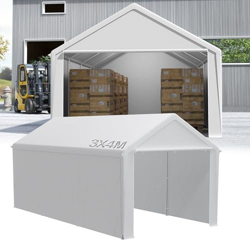 YRHome Lagerzelt 3x4 m mit PE-Dach Industriezelt PVC Wasserdichter Reißenresistenter Carport Garagenzelt für Auto, SUV, LKW, Boot&Mobile Lagerung-Weiß