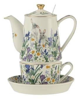 London Pottery Porcelain Tea Set with Removable Stainless Steel Infuser for Afternoon Tea, British Teapot and Cups and Saucers，Gold Trim Tea Pots for Loose Tea (Hares in Iris Blossom)