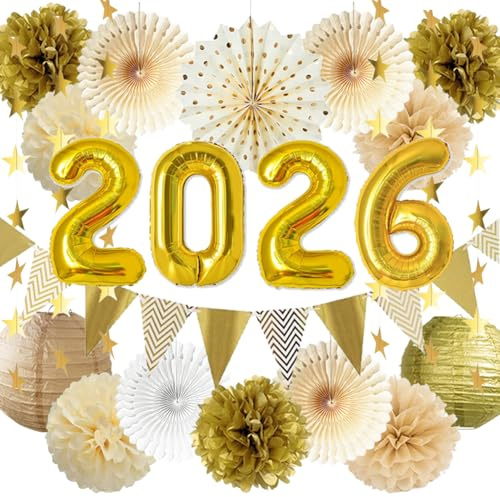 Abschlussfeier Deko 2026 Weiß Gold Party Deko 2026 Graduation Deko Beige Weiß Gold Seidenpapier Pompons Fächer Papierlaternen Papier Girlande Banner für Oberschule Universität Abi Deko