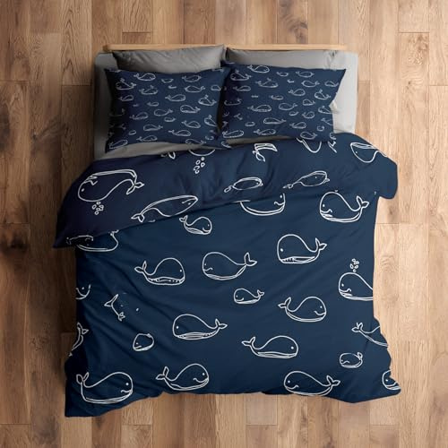 Generisch 140x200 Bettwäsche Wal Bettbezug - 2tlg, 1 Kissenbezug 70x90, Süß Cartoon Meerestiere Muster, Schlafzimmer Deko, Weiche Mikrofaser Wendebettwäsche mit Reißverschluss - CR215