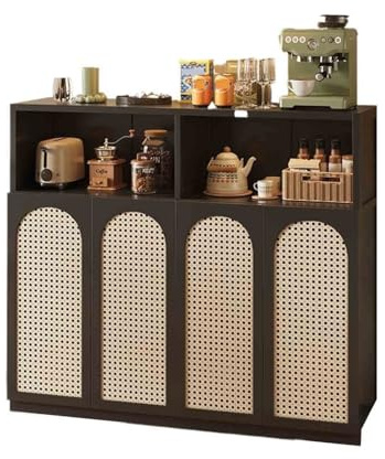 FAJNUZI2024 ​Dining Room Cupboard Retro-style Kitchen Sideboard Living Room Storage Floor-standing Wall-mounted Four Doors with Compartments(Black)