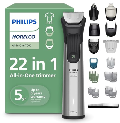 Norelco Philips All-in-One 7000 Series 22-Piece Trimmer - Electric Shaver and Clipper for Face, Beard, Head & Body, Self-Sharpening Full Metal Blades, 28 Length Settings (0.5-16 mm), MG7975/49