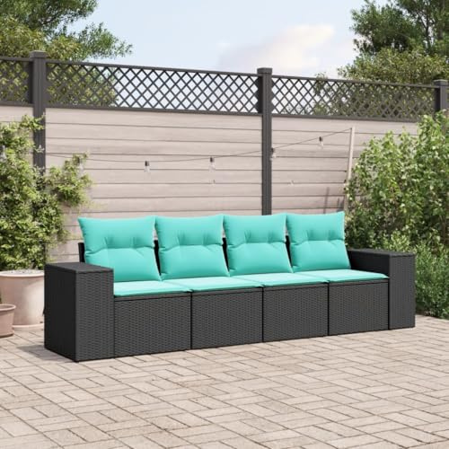 YunCangg 4-teiliges Gartensofa-Set, schwarzes Polyrattan, mit blauen Kissen, UV-beständig, modulares Design für Balkon, Terrasse