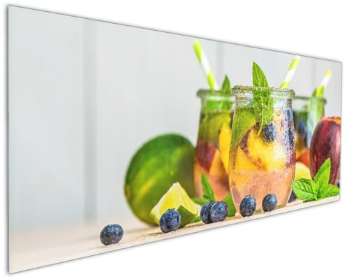 Wallario Küchenrückwand aus Glas 125 x 50 cm, Motiv: Erfrischender Eistee mit Pfirsichen und Blaubeeren | Spritzschutz abwischbar & pflegeleicht