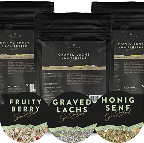 Royal Spice Lachsbeize 3er Set - 3 x 140g: Graved Lachs, Fruity Berry & Honig Senf - Lachs Beize Trockenmarinade für 6kg Fisch - Einfache Anwendung & Perfekte Ergebnisse auch ohne Räuchern