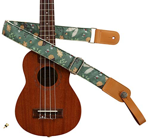 MUSIC FIRST Ukulelengurt aus weichem Musselin und echtem Leder, Vintage-Design, mit einem Echtleder-Gurt-Schließfach
