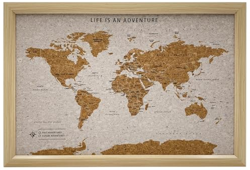 Splosh Framed Travel Map - White Small Wooden Pin Board with 100 Pins. Cork Board. Wooden World Map Cork Board, Corkboard Wooden Map of the World Travel Gift. Mark your fast & future adventures!