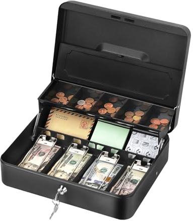 UOMIO Lockable Metal Cash Box with Keys - Black Money Tin for Petty Cash, Security Safe with Removable Trays & Coin Slots for Office, Home, Market Stall, Supermarket (11.8 x 9.5 x 3.5 inches)